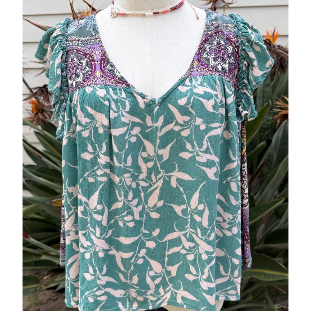 Easel Boho Mixed Print Ruffle Cap Sleeve V-Neck Blouse Teal Purple Floral Large